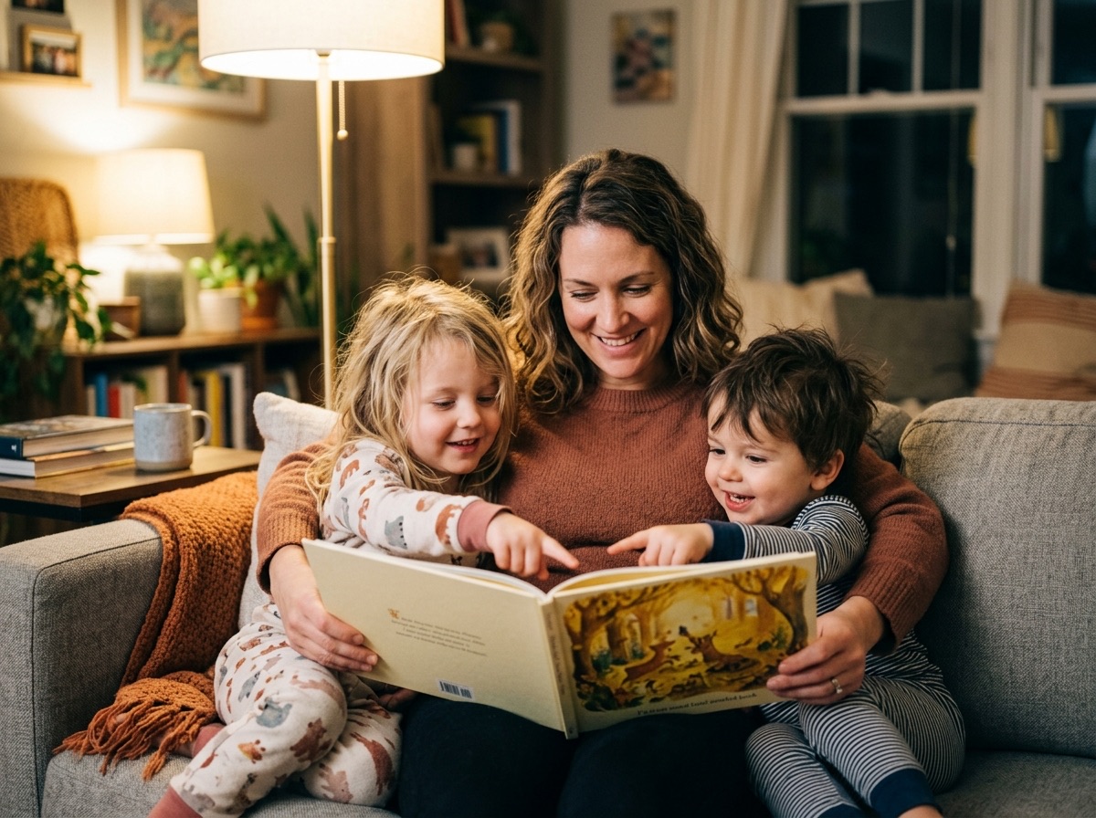 A parent and two children reading a Light and Lamb hardcover together on a couch in warm evening light