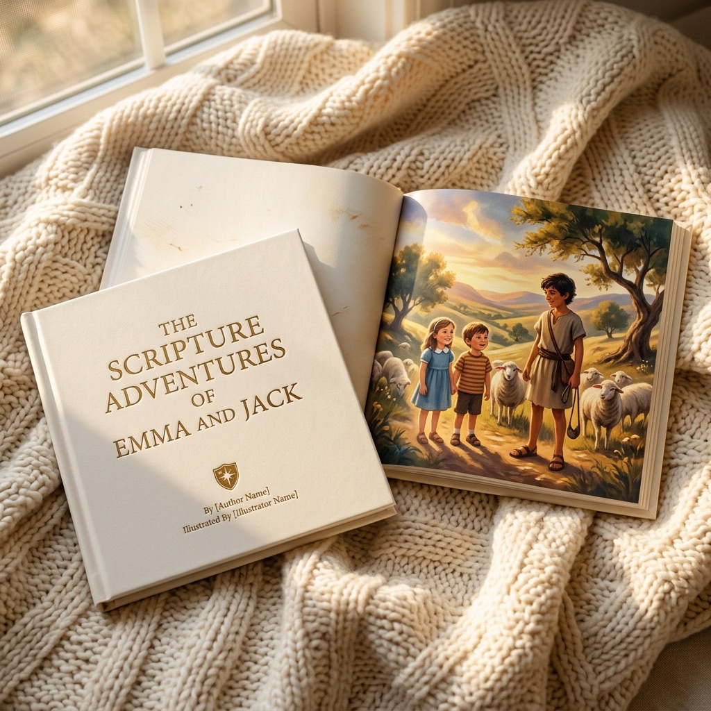 A hardcover Light and Lamb storybook lying open on a family reading blanket, showing a page where two children stand beside David facing Goliath