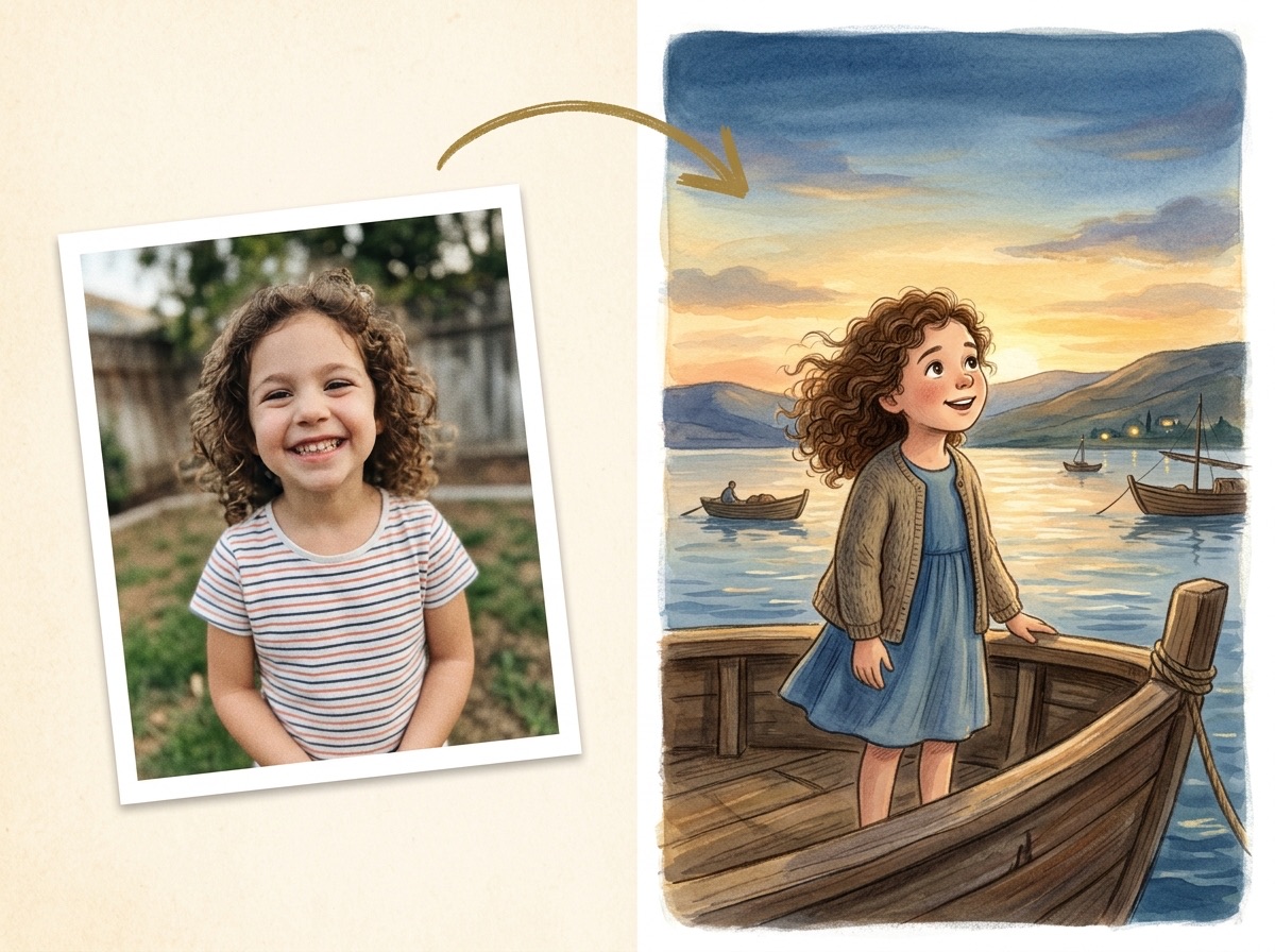 Side-by-side comparison showing a photo of a smiling child next to the same child as a warm storybook illustration standing in the Sea of Galilee story