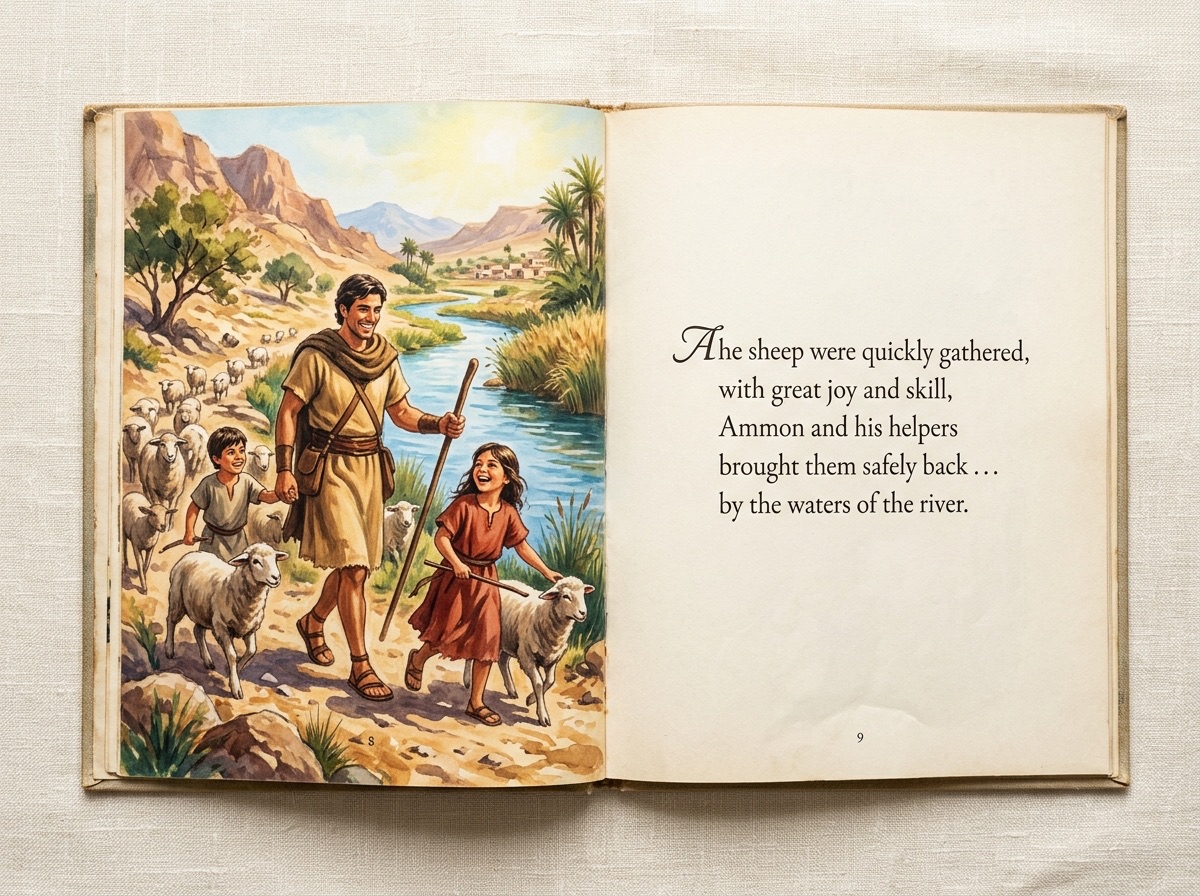 Open book spread: children help Ammon gather the king's scattered sheep at the waters of Sebus