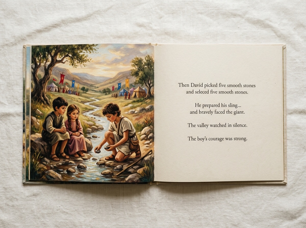 Open book spread: two illustrated children watch young David choose five smooth stones from a brook in the valley of Elah