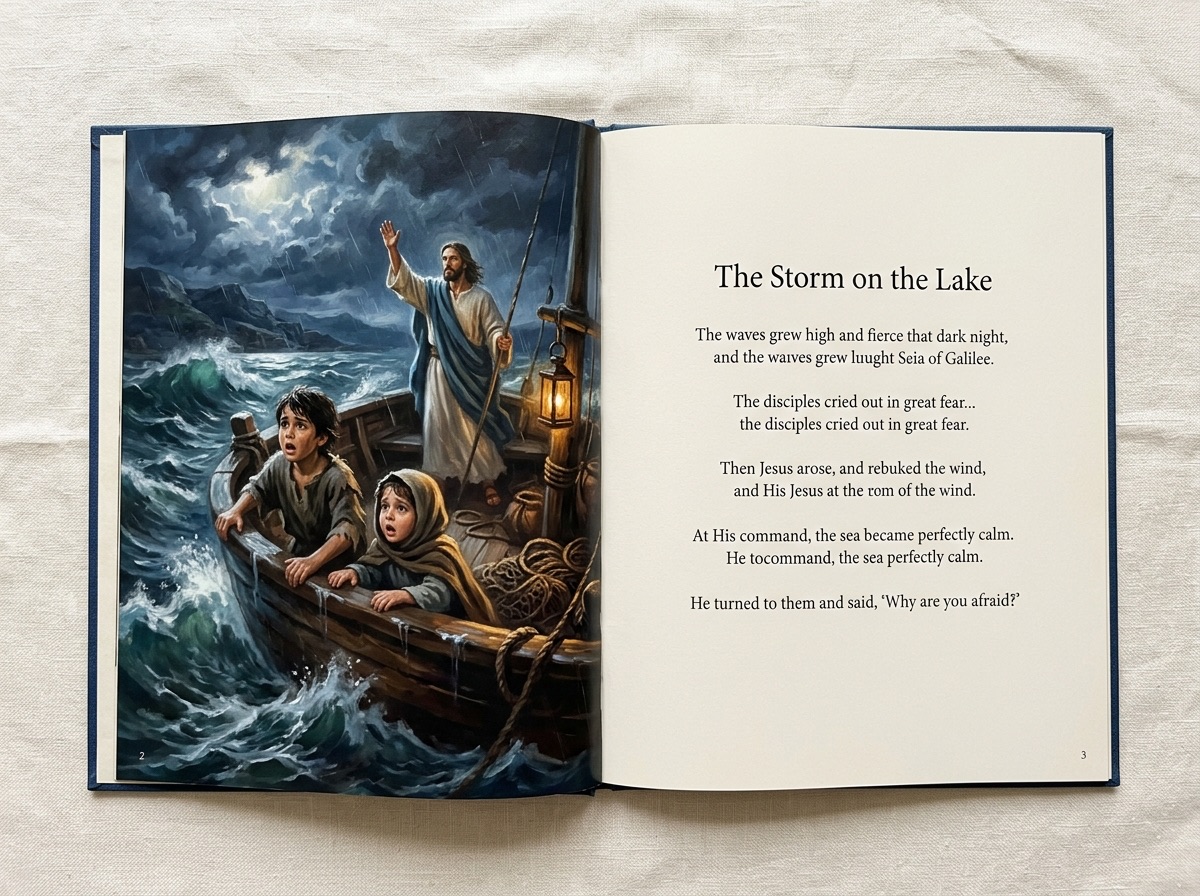 Open book spread: children hold the rail of a wooden fishing boat at night as Jesus calms the storm on the Sea of Galilee